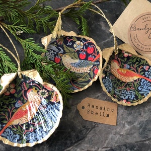 Strawberry Thief Decorations | William Morris Christmas Decorations | Hanging Shell Ornaments Handcrafted in UK by Brandyoak Cottage
