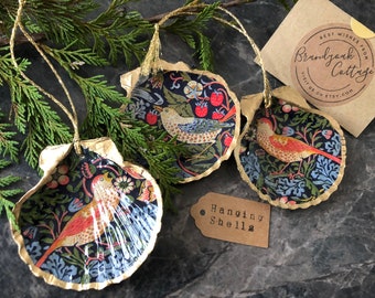 Strawberry Thief Decorations | William Morris Christmas Decorations | Hanging Shell Ornaments Handcrafted in UK by Brandyoak Cottage