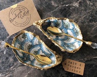Oyster Shell Salt & Pepper Dishes + spoons | Pierre Frey Aqua Blue Gold Scallop Art Nouveau Art Deco Design | Salt Cellar Pinch Pots Gift
