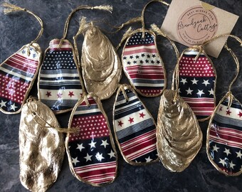 Red White Blue Stars & Stripes USA Patriotic July Fourth Gilded Oyster Shell Ornaments | Hanging Oyster Shell Decorations Patriotic Ornament