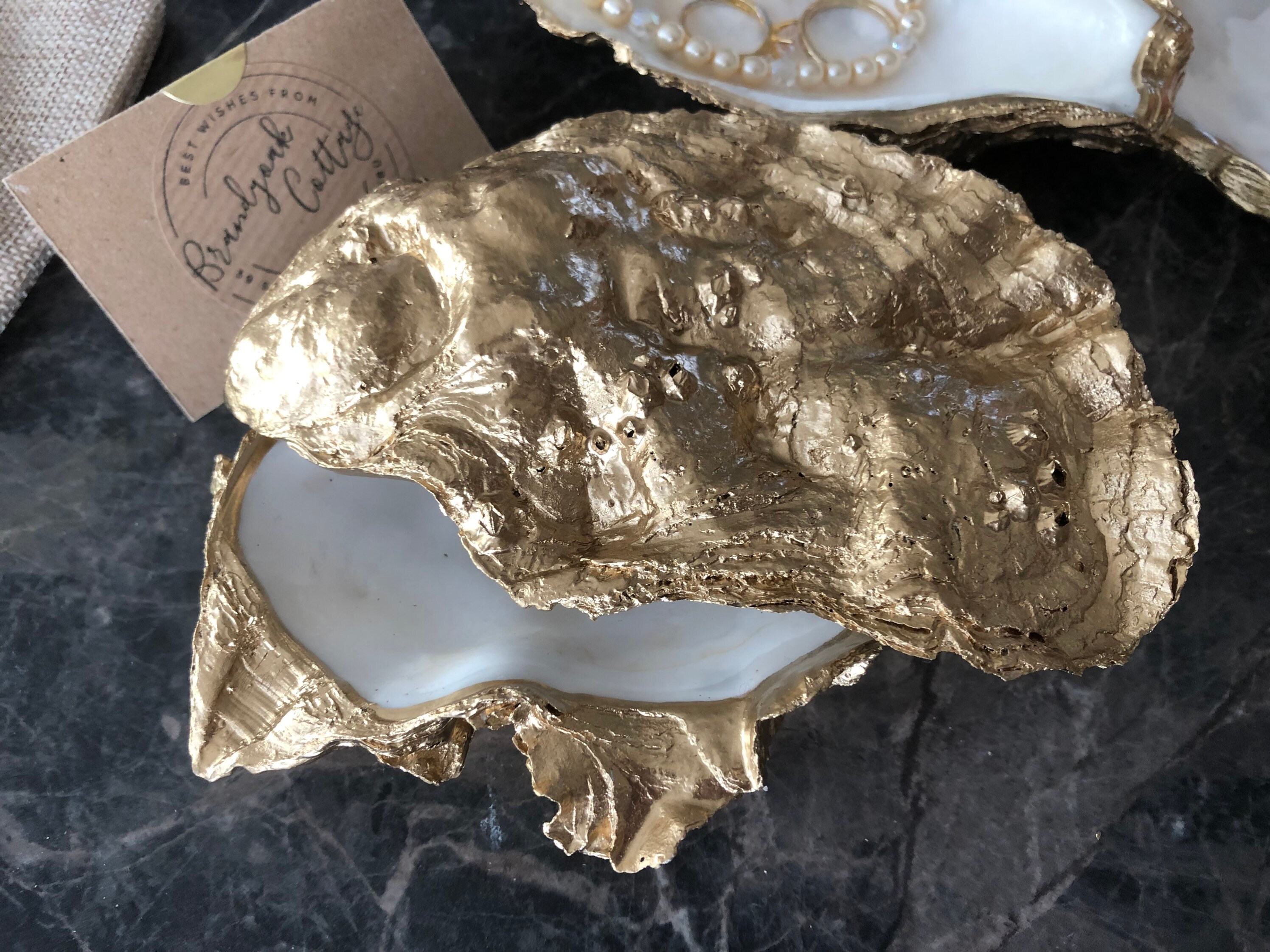 XXL White & Gold Oyster Shell Trinket Dish With Lid | Shell 