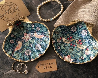 Vide-poches Strawberry Thief, coquillages et pétoncles William Morris en or vert foncé et doré | Porte-bague pour bijoux, Morris Gifts Art nouveau Gifts