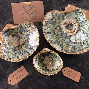 William Morris Set of Pimpernel Trinket Dishes for Jewellery, Ring Holders Green, Blue, Cream, Gold, Yellow | 40th Birthday Gift, Shell Gift