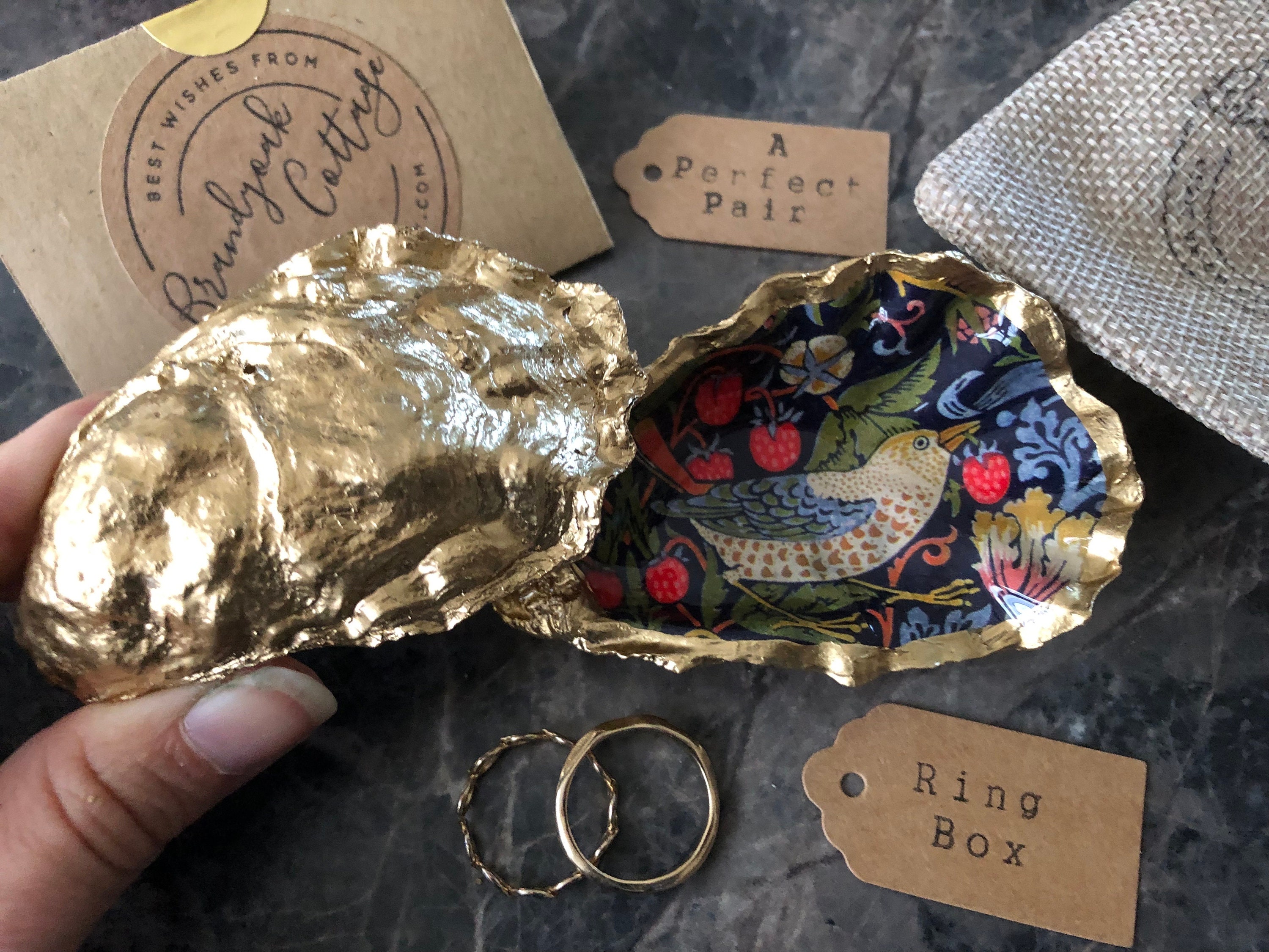 Oyster Shell Ring Box William Morris Strawberry Thief | Decorated Oyster Shell Ring Dishes, Real Shell Ring Box, Beach Proposal