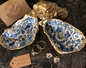 William Morris Lodden Gold Oyster Shell Gift Trinket Dish Vintage Floral Ring Dish | Shell Jewellery Dish Gift Blue White Yellow Eco Gifts