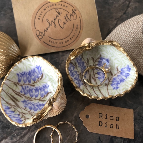 William Morris Bluebells & Willow Gold Cockle Shell Ring Dish Spring Gift | Bluebell Ring Box, Spring Proposal Bluebell Gift Spring Decor