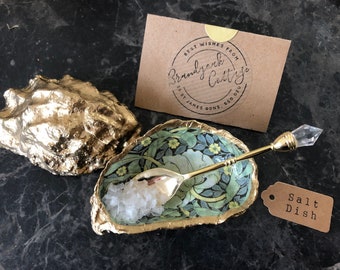 Single Gold Oyster Shell Salt Dish + Spoon in William Morris Pimpernel Floral & Leaves Green Blue | Salt Anniversary Gift Housewarming Gift