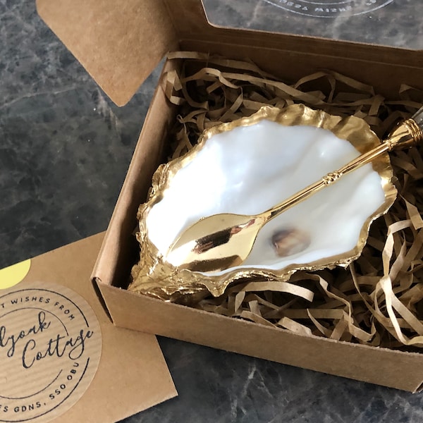 Single Gold Oyster Shell Salt Cellar with Golden Spoon | Anthropologie Style Pinch Pot | Seaside Gifts crafted in the UK