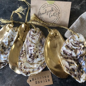 Gilded Oyster Shell Ornaments | Hanging Oyster Shell Decorations | Coastal Accents | Beach Christmas Ornaments Wedding Shells, Upcycled Gift