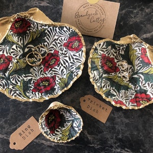Set of William Morris Decoupage Jewellery Storage Dishes: Peony Shell Trinket Dish & Ring Holder Red Green Gold Floral | Poppies Gift UK