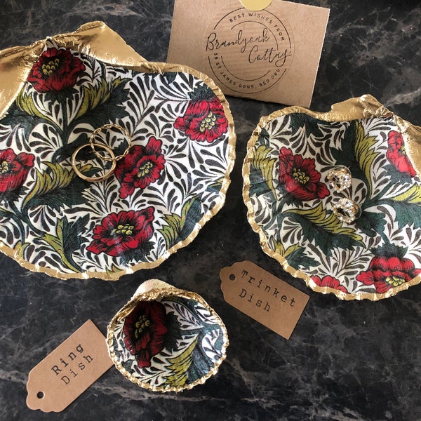 Set of William Morris Decoupage Jewellery Storage Dishes: Peony Shell Trinket Dish & Ring Holder Red Green Gold Floral | Poppies Gift UK