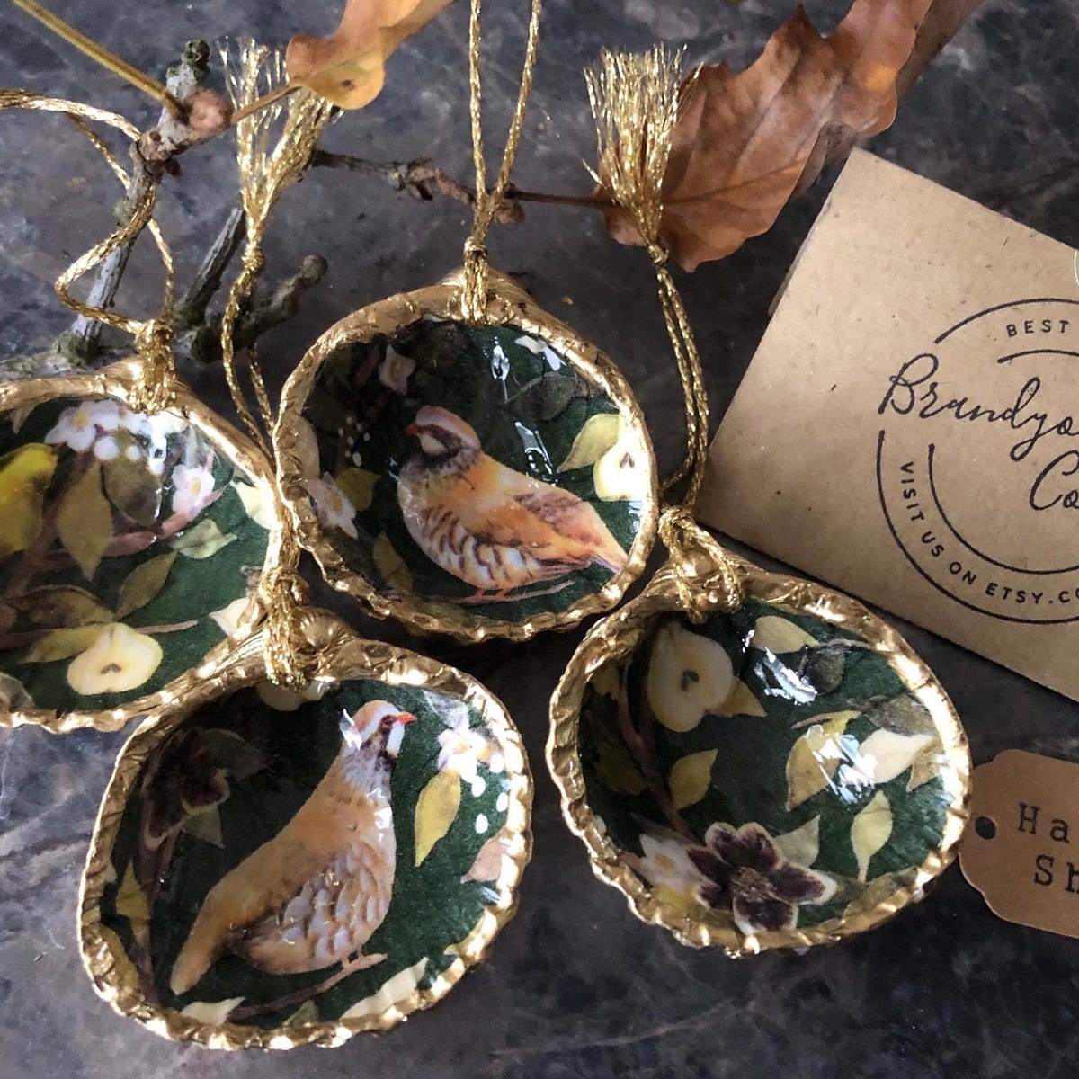Partridge in a Pear Tree Christmas Decorations in Green & Gold, Hanging Game Bird Ornament, Giftboxed Christmas Ornaments Shell Decorations