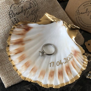 Engagement Ring Dish Personalised Date Gold Scallop Shell Trinket Dish | Custom Ring Holder Proposal Idea or Wedding Gift | Crafted UK