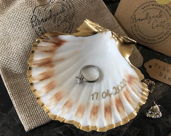 Engagement Ring Dish Personalised Date Gold Scallop Shell Trinket Dish | Custom Ring Holder Proposal Idea or Wedding Gift | Crafted UK