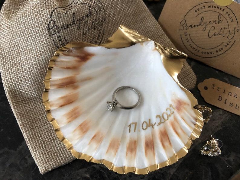 Engagement Ring Dish Personalised Date Gold Scallop Shell Trinket Dish Custom Ring Holder Proposal Idea or Wedding Gift Crafted UK image 1