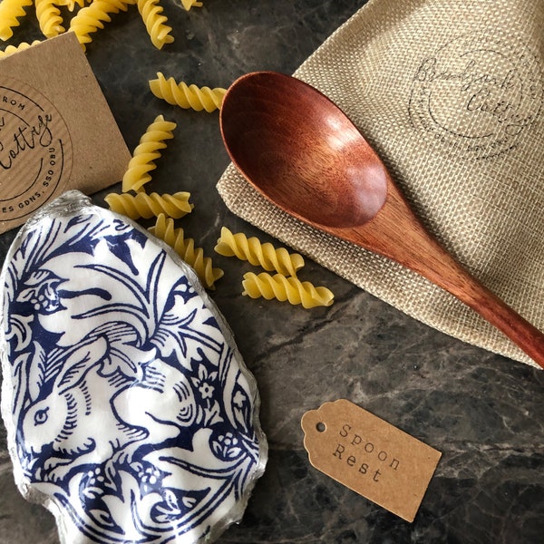 William Morris Gift, Silver Spoon Rest Oyster Shell Dish, Brer Rabbit Blue White Teabag Dish, Spoon Dish Spoon Holder Teaspoon Rest Gifts UK