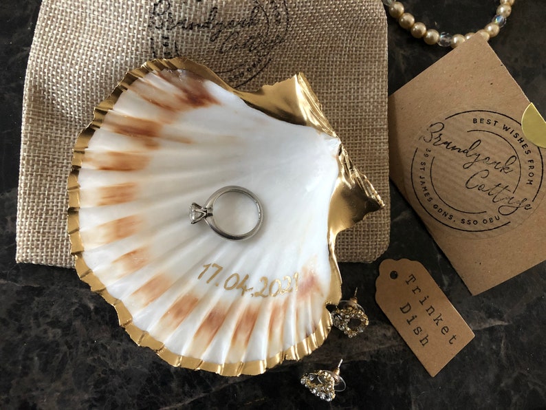 Engagement Ring Dish Personalised Date Gold Scallop Shell Trinket Dish Custom Ring Holder Proposal Idea or Wedding Gift Crafted UK image 9
