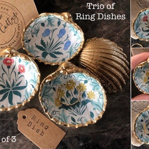 Trio of William Morris Celandine Cockle Shell Mini Ring Dishes - Yellow, Red Flora & Blue Lily of the Valley | Spring Ornaments, Easter Gift