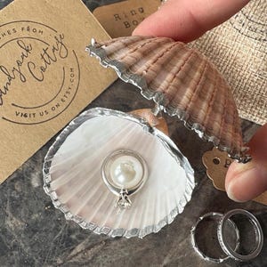 May include: A seashell ring box with a pearl ring and two silver rings. The ring box is made from a natural shell, with a pearl ring inside. The box is held open by a hand. A small tag and a card with the text "Best Wishes From Brandyork Cottage" are also visible.