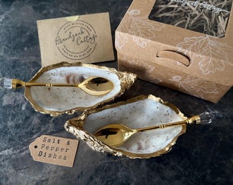 Pair of Spattered Gold Oyster Shell Salt & Pepper cruet dishes with golden spoons or Single Oyster Salt Cellar Pinch pot | Cruet Set