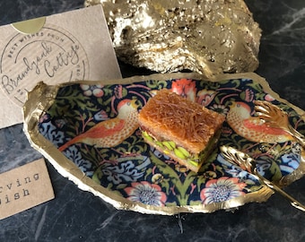 William Morris Strawberry Thief Brown Birds Large Oyster Shell Serving Dish choice of tongs, spoons, Nibbles Dish, Olives Dish, Oyster dish