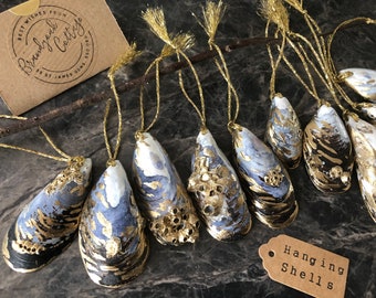 Gilded Barnacle Mussel Shell Christmas Decorations, Blue Gold Hanging Shell Ornaments, Coastal Christmas Decor, Beach Christmas Decorations