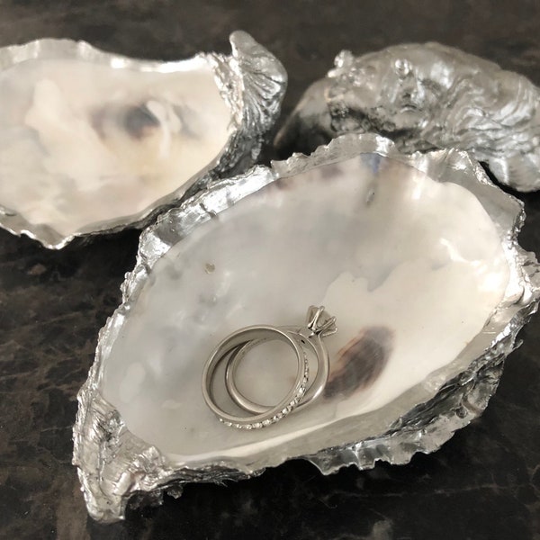 Silver & White Oyster Shell Trinket Dish or Jewellery Dish | Silver Shell Ring Dish | Ring Dish, Silver Oyster Shell | Handcrafted in the UK