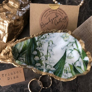 Lily of the Valley Oyster Shell Ring Dish Trinket Dish Standard, XL, XXL | Gold Oyster Ring Holder | Green White Lily of the Valley Gifts