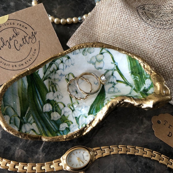 Ready made: XL Oyster Shell in Lily of the Valley design in Green & White | Gold Oyster Trinket Dish or Ring Dish by Brandyoak Cottage