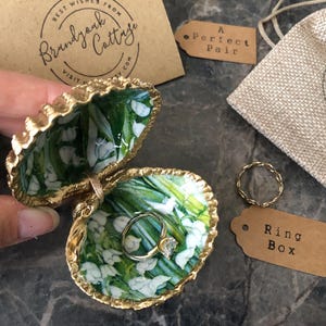 Cockle Shell Ring Box with Ribbon Hinge White Green Lily Valley | Perfect Pair Whole Cockle Shells, Clam Shell Ring Box, Beach Proposal