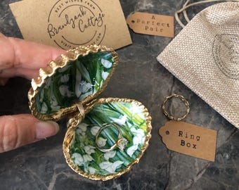 Cockle Shell Ring Box with Ribbon Hinge White Green Lily Valley | Perfect Pair Whole Cockle Shells, Clam Shell Ring Box, Beach Proposal