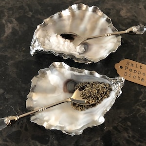 Pair of Silver Oyster Shell Salt & Pepper cruet dishes with matching spoons | Salt Cellar Pinch pots | Made in the UK