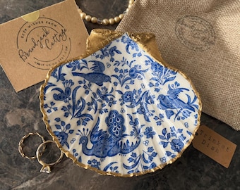 Burleigh Regal Peacock Blue & White Shell Trinket Dishes | Decoupaged Scallop Shell Ring Dish, Decorated Shell Ring Holder, Coastal Decor