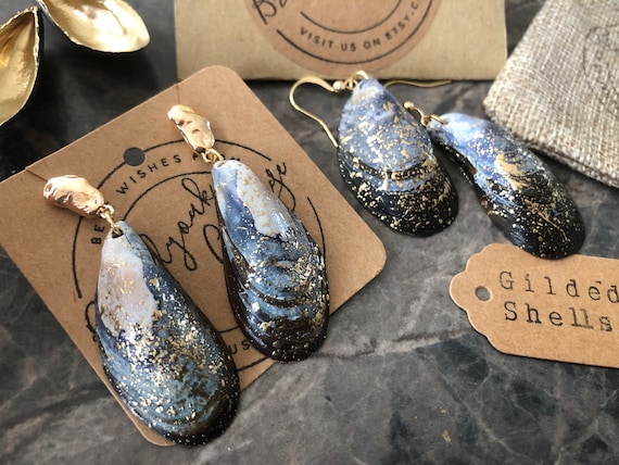 Gilded Real Mussel Shell Earrings Gold Spatter Seashell Earrings