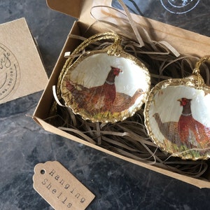 Pheasant Decorations, Hanging Game Bird Ornament, Single or Pair Pheasant Christmas Ornaments Gilded Cockle Shell Decorations UK
