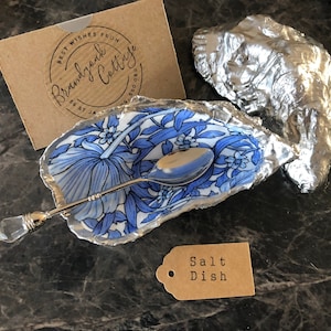 William Morris Pimpernel Floral & Leaves Blue White Single Silver Oyster Shell Salt Dish + Spoon  | Salt Anniversary Gift Housewarming Gift