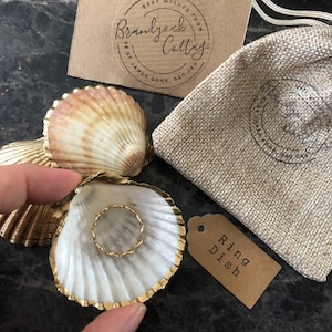 May include: A gold ring dish made from a seashell. The dish is sitting on a brown surface with a small brown tag that says "Ring Dish".