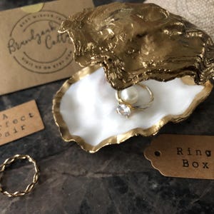 Gold & White Oyster Shell Ring Box Beach Proposal | Custom Oyster Shell Ring Box | Beach Wedding Shell Ring Bearer Seashell Ring Box