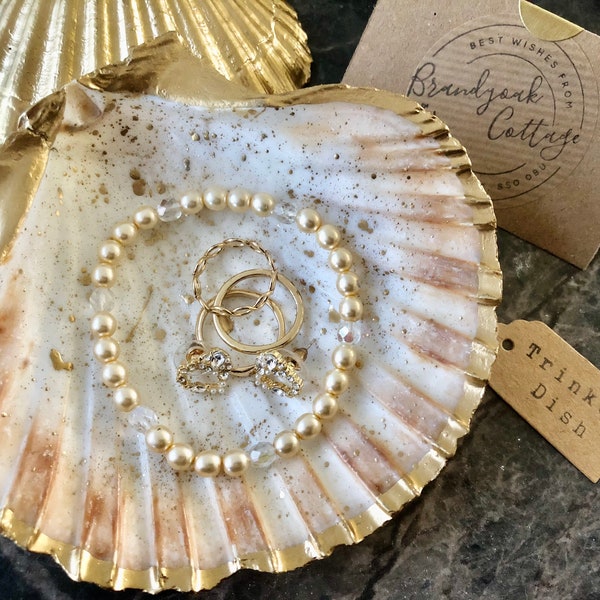 Gilt edged Golden Scallop shell trinket dish Spatter Design | Gold Jewellery Dish | Gold Ring Dish | Sizes Standard XL Large | Seaside Gifts