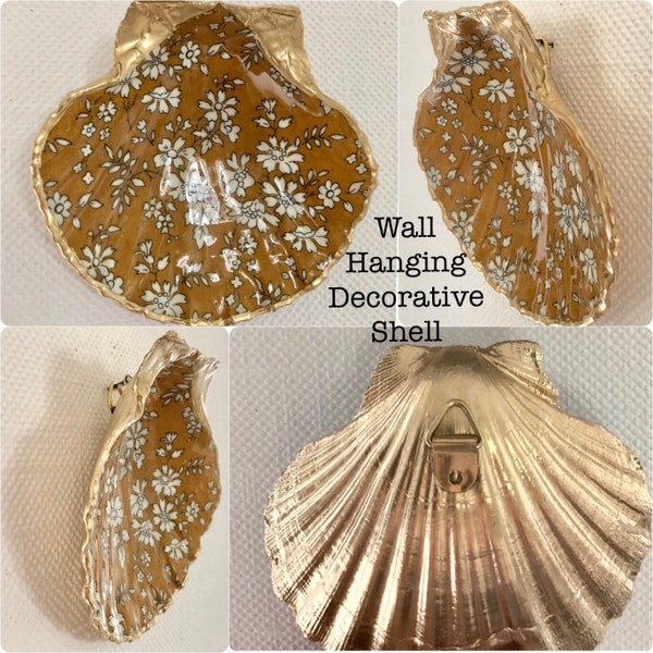 Liberty of London Decoration, Shell Wall Hanging, Shells in Capel Floral White, Yellow, Gold | Shell Art, Coastal Wall Decor, UK