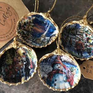 Vintage Christmas Scene Cockle Shell Decorations| Traditional Christmas Scene Ornaments, Victorian Christmas Carollers, Snowman