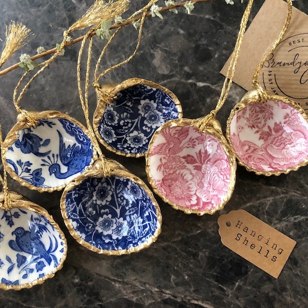 Beautifully British Burleigh Decorations Cockle Shell Decorations Unique chinoiserie shell ornaments Red White Blue Decorations Coronation
