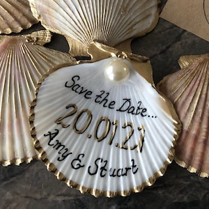 Shell Save the Date | Beach Wedding Save the Dates with Personalised Custom Date & Names | Hanging shell decoration or trinket dish style