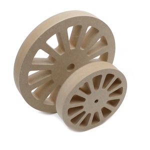 May include: Two wooden wheels with a spoke design. The larger wheel is behind the smaller wheel.