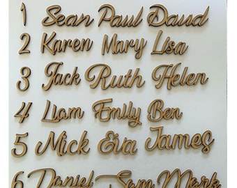 May include: Wooden name tags with numbers 1 through 6 and names written in cursive. The names are Sean, Paul, Daud, Karen, Mary, Lisa, Jack, Ruth, Helen, Liam, Emily, Ben, Mick, Eva, James, Daniel, Sam, and Mark.
