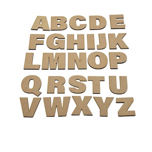 May include: A complete set of uppercase letters, crafted from light brown wood. The letters are arranged in rows, each one clearly visible against a white backdrop. Suitable for crafting or educational purposes.