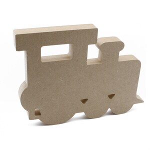 May include: Unpainted wooden train engine cutout. The engine has a large rectangular body with a rounded top and a smaller rounded chimney. The engine has two wheels on each side.