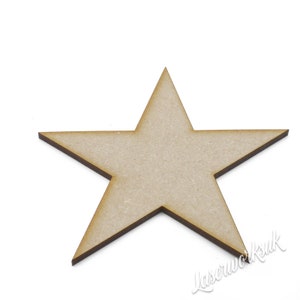May include: A plain, unfinished wooden star shape. The star is made of medium density fibreboard (MDF) and is ready to be painted or decorated.