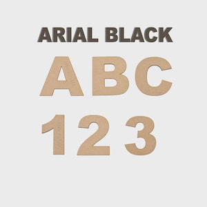 May include: Light brown wooden letters and numbers. The letters ABC and numbers 123 are shown. The text "ARIAL BLACK" is above the letters and numbers.