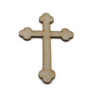 May include: A wooden cross in light brown with a dark brown outline. The cross features a classic design with rounded edges on the arms and base. It is a religious symbol.